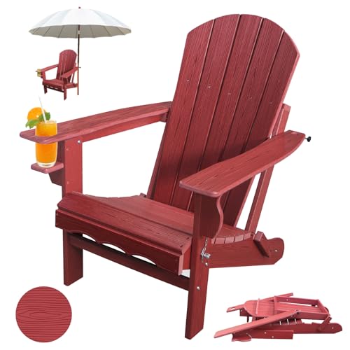 Adirondack Klappbarer Terrassenstuhl, HDPE-Feuerstellenstühle, wetterbeständig, Adirondack-Stuhl für den Außenbereich, mit Getränkehalter und Schirmloch, Holzstruktur, Dunkelrot Adirondack Klappbarer Terrassenstuhl, HDPE-Feuerstellenstühle, wetterbeständig, Adirondack-Stuhl für den Außenbereich, mit Getränkehalter und Schirmloch, Holzstruktur, Dunkelrot von CLOUDEEP