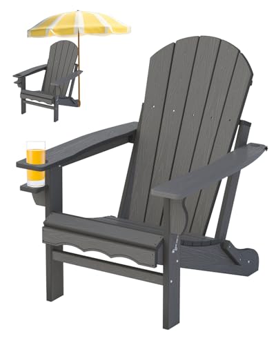 Adirondack Klappstühle, HDPE-Feuerstellenstühle, wetterbeständig, zusammengesetzter faltbarer Adirondack-Terrassenstuhl mit Getränkehalter und Schirmloch, Grau Adirondack Klappstühle, HDPE-Feuerstellenstühle, wetterbeständig, zusammengesetzter faltbarer Adirondack-Terrassenstuhl mit Getränkehalter und Schirmloch, Grau von CLOUDEEP