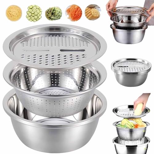 CLOUDEMO 3 Pieces Stainless Steel Basin with Grater Vegetable Cutter Kitchen Gadgets, Multifunctional Rust Light Luxury Thickened Large Stainless Steel Basin von CLOUDEMO