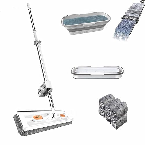 Roseionly Großer Flachmopp, Flachmopp Set mit Eimer, Edelstahl-Langstielmopp mit 6 wiederverwendbaren Mikrofaserpads, Magic Mop 360° mit Entwässerungsschaber (White) von CLOUDEMO