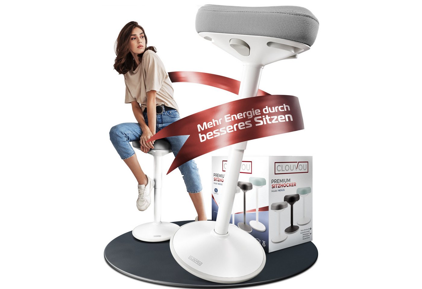 CLOUVOU Arbeitshocker Nexus Bürohocker - Ergonomischer Hocker Büro -, höhenverstellbar 57cm bis 82cm - Wackelhocker zur Stärkung des Rückens von CLOUVOU