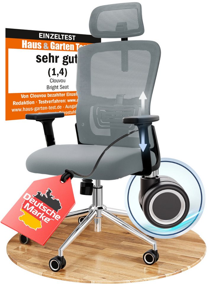 CLOUVOU Bürostuhl ergonomisch, Schreibtischstuhl bis 150 kg - Testsieger (BrightSeat - Chefsessel für Arbeitszimmer, 2D Armlehne), Blade Wheels, Homeoffice, Gaming Stuhl, Drehstuhl von CLOUVOU