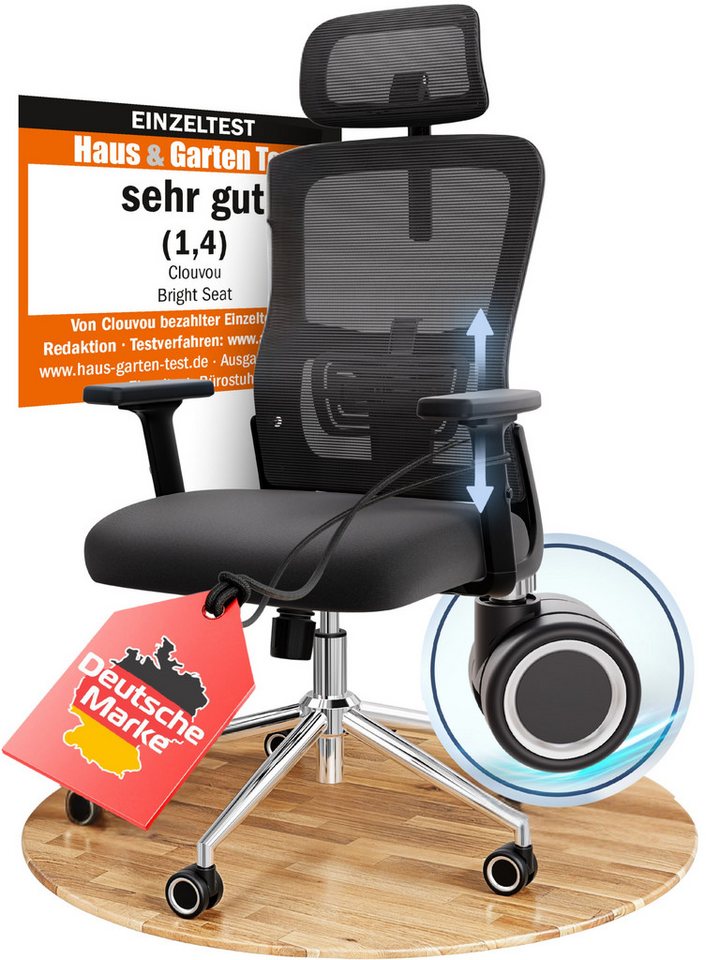 CLOUVOU Bürostuhl ergonomisch, Schreibtischstuhl bis 150 kg - Testsieger (BrightSeat - Chefsessel für Arbeitszimmer, 2D Armlehne), Blade Wheels, Homeoffice, Gaming Stuhl, Drehstuhl von CLOUVOU