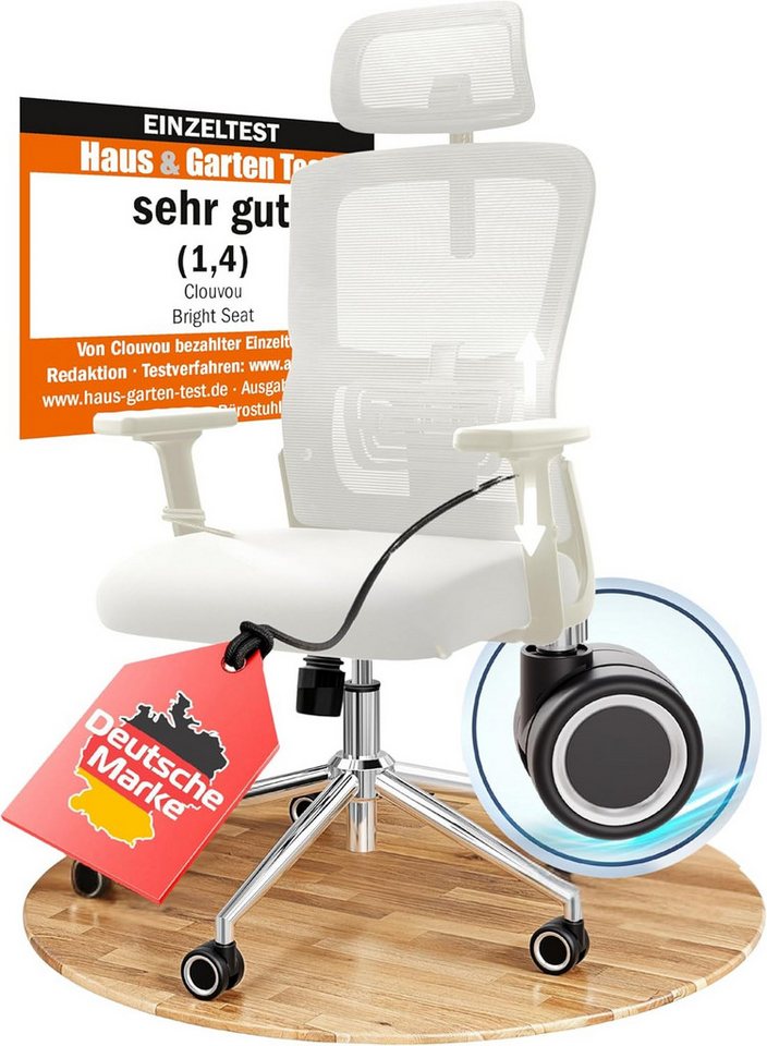 CLOUVOU Bürostuhl ergonomisch, Schreibtischstuhl bis 150 kg - Testsieger (BrightSeat - Chefsessel für Arbeitszimmer, 2D Armlehne), Blade Wheels, Homeoffice, Gaming Stuhl, Drehstuhl von CLOUVOU