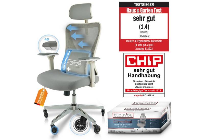 CLOUVOU Bürostuhl ergonomisch, Schreibtischstuhl bis 150 kg - Testsieger (CleverSeat - Chefsessel für Arbeitszimmer, 4D Chrom-Metallarmlehne), Blade Wheels, Homeoffice, Gaming Stuhl, Drehstuhl von CLOUVOU