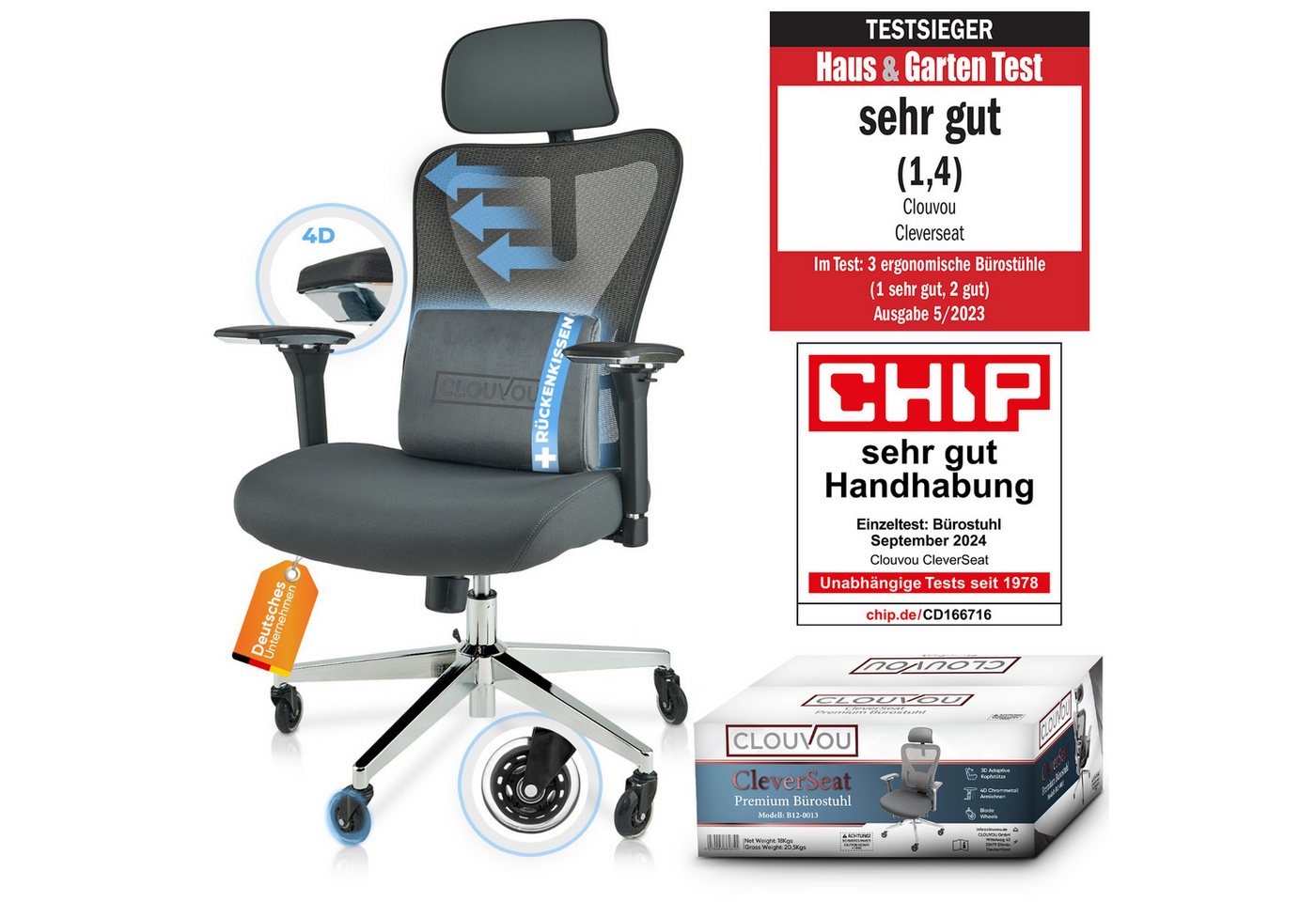 CLOUVOU Bürostuhl ergonomisch, Schreibtischstuhl bis 150 kg - Testsieger (CleverSeat - Chefsessel für Arbeitszimmer, 4D Chrom-Metallarmlehne), Blade Wheels, Homeoffice, Gaming Stuhl, Drehstuhl von CLOUVOU