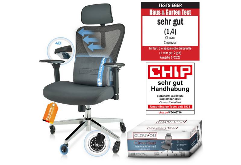 CLOUVOU Bürostuhl ergonomisch, Schreibtischstuhl bis 150 kg - Testsieger (CleverSeat - Chefsessel für Arbeitszimmer, 4D Chrom-Metallarmlehne), Blade Wheels, Homeoffice, Gaming Stuhl, Drehstuhl von CLOUVOU