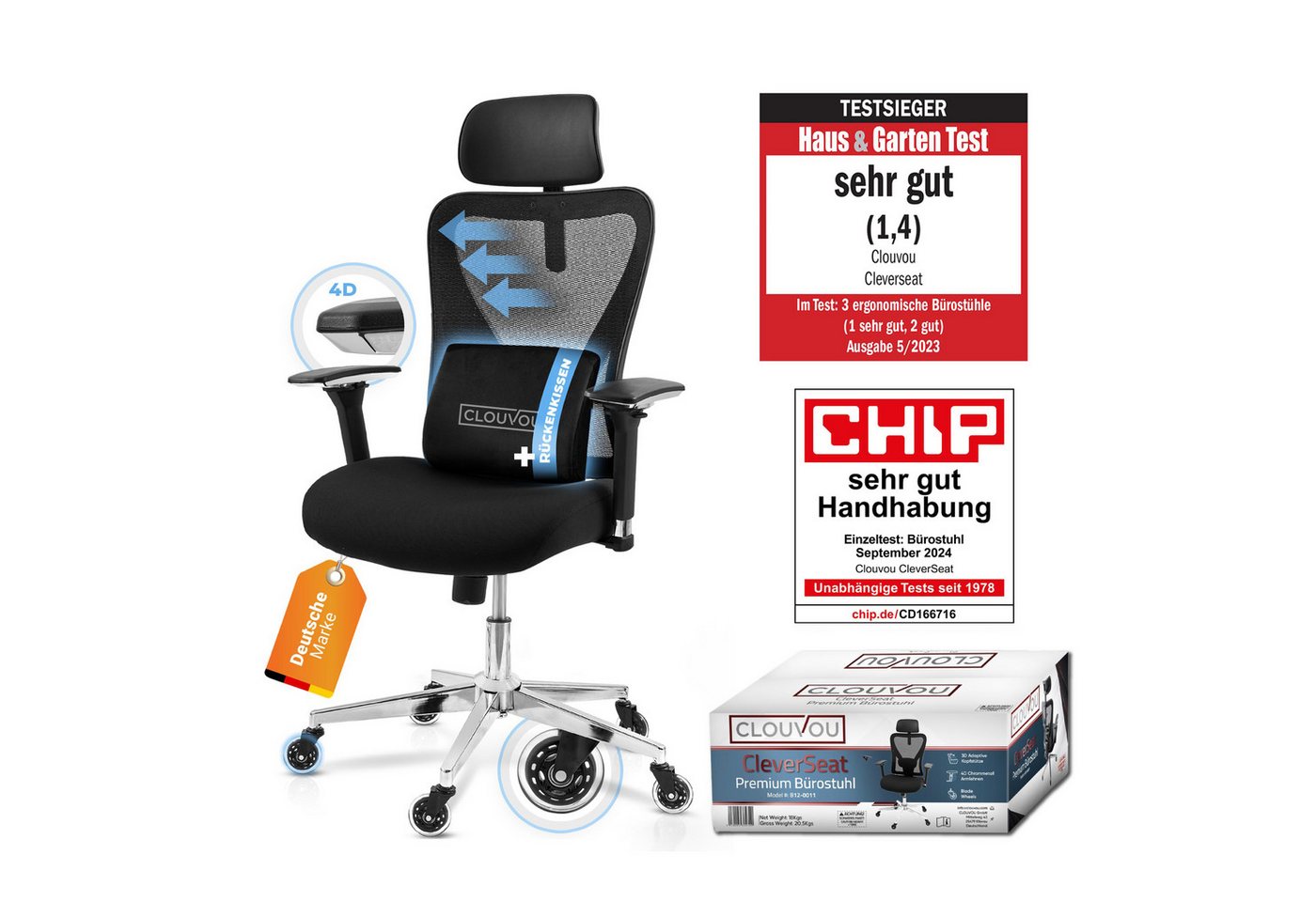 CLOUVOU Bürostuhl ergonomisch, Schreibtischstuhl bis 150 kg - Testsieger (CleverSeat - Chefsessel für Arbeitszimmer, 4D Chrom-Metallarmlehne), Blade Wheels, Homeoffice, Gaming Stuhl, Drehstuhl von CLOUVOU