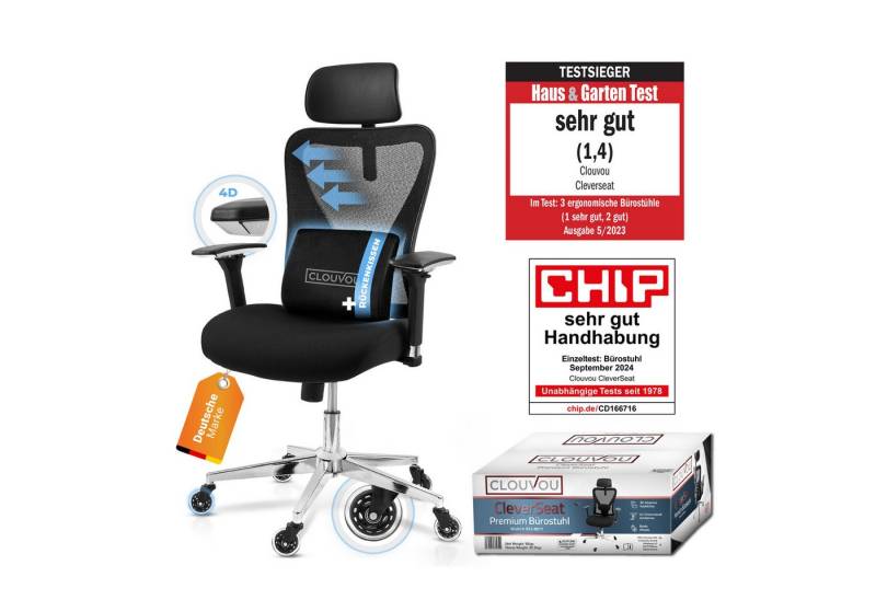 CLOUVOU Bürostuhl ergonomisch, Schreibtischstuhl bis 150 kg - Testsieger (CleverSeat - Chefsessel für Arbeitszimmer, 4D Chrom-Metallarmlehne), Blade Wheels, Homeoffice, Gaming Stuhl, Drehstuhl von CLOUVOU