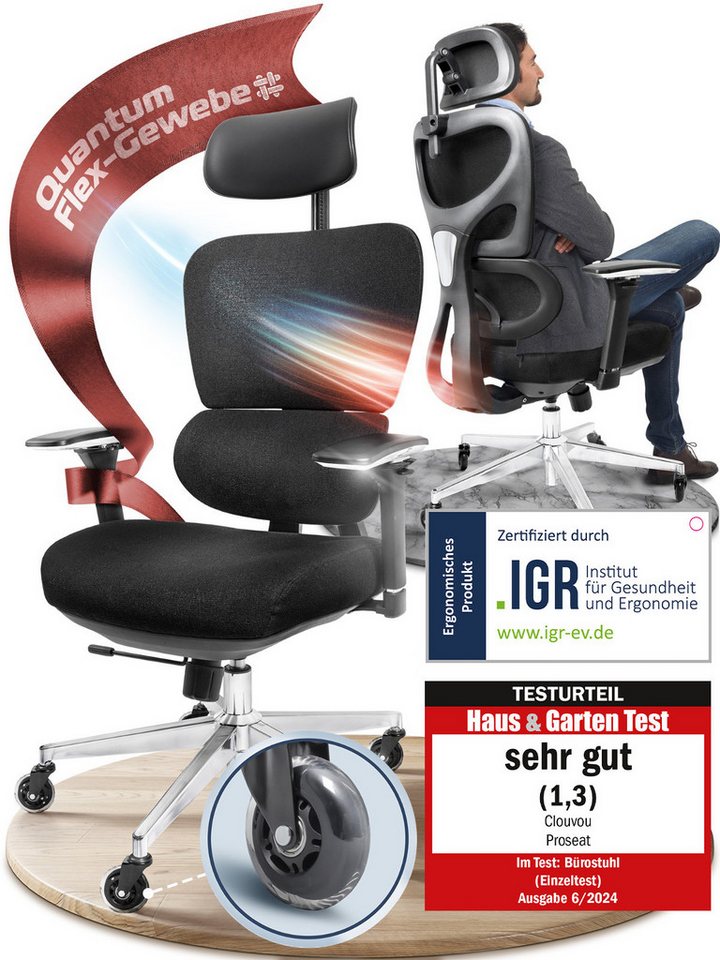 CLOUVOU Bürostuhl ergonomisch, Schreibtischstuhl bis 150 kg - Testsieger (ProSeat - Chefsessel für Arbeitszimmer, 4D Gaming Armlehnen & 3D Kopfstütze), Blade Wheels, Homeoffice, Gaming Stuhl, Drehstuhl von CLOUVOU