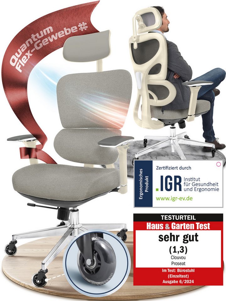 CLOUVOU Bürostuhl ergonomisch, Schreibtischstuhl bis 150 kg - Testsieger (ProSeat - Chefsessel für Arbeitszimmer, 4D Gaming Armlehnen & 3D Kopfstütze), Blade Wheels, Homeoffice, Gaming Stuhl, Drehstuhl von CLOUVOU