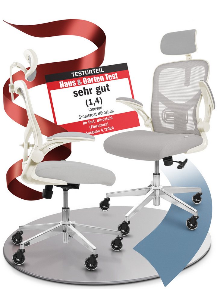 CLOUVOU Bürostuhl ergonomisch, Schreibtischstuhl bis 150 kg - Testsieger (SmartSeat - Chefsessel für Arbeitszimmer, 3D-Kopfstütze & Flip-Up Armlehnen), Blade Wheels, Homeoffice, Gaming Stuhl, Drehstuhl von CLOUVOU