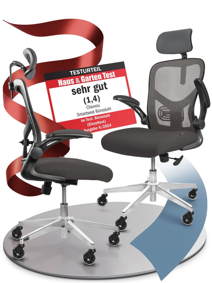 CLOUVOU Bürostuhl ergonomisch, Schreibtischstuhl bis 150 kg - Testsieger (SmartSeat - Chefsessel für Arbeitszimmer, 3D-Kopfstütze & Flip-Up Armlehnen), Blade Wheels, Homeoffice, Gaming Stuhl, Drehstuhl von CLOUVOU