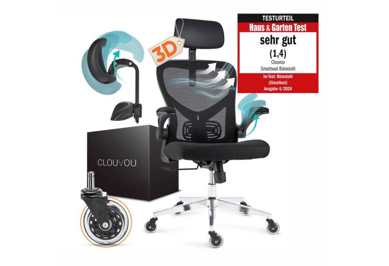 CLOUVOU Bürostuhl ergonomisch, Schreibtischstuhl bis 150 kg - Testsieger (SmartSeat - Chefsessel für Arbeitszimmer, 3D-Kopfstütze & Flip-Up Armlehnen), Blade Wheels, Homeoffice, Gaming Stuhl, Drehstuhl von CLOUVOU