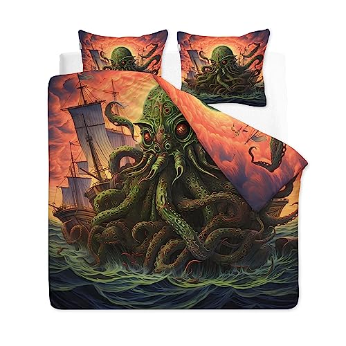 CLOXKS Cthulhu Bettwäsche 135x200, Monster Motive Microfaser Bettbezug Set 2 Teilig - Weich & Angenehm & Atmungsaktiv, 1 Bettbezüge mit Reißverschluss + 1 Kissenbezug 80x80 cm von CLOXKS