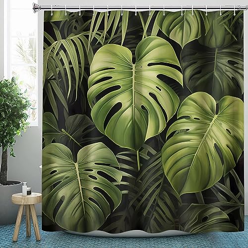 CLOXKS Duschvorhang 120x200 Monstera - Anti-Schimmel, Weiche Beschwerter Saum, Blickdicht, Wasserdicht, Waschbar Grünes Blatt Muster Duschvorhänge für Badewannen Textil Set mit 12 Haken von CLOXKS