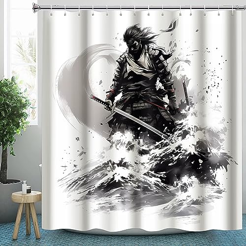 CLOXKS Duschvorhang 180x200 Japanisch Samurai - Anti-Schimmel, Weiche Beschwerter Saum, Blickdicht, Wasserdicht, Waschbar Schwarz Weiß Muster Duschvorhänge für Badewannen Textil Set mit 12 Haken von CLOXKS