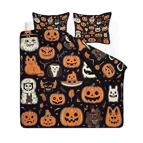 CLOXKS Halloween Bettwäsche 140x200, Kürbis Motive Microfaser Bettbezug Set 3 Teilig - Weich & Angenehm & Atmungsaktiv, 1 Bettbezüge mit Reißverschluss + 2 Kissenbezüge 80x80 cm von CLOXKS