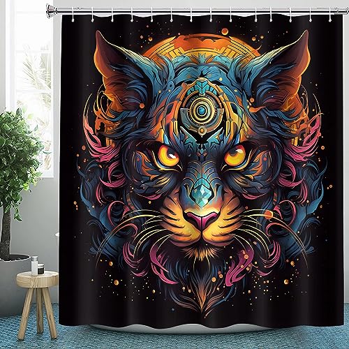 CLOXKS Katze Duschvorhang 120x180 Textil für Badezimmer, Polyester-Stoff Duschvorhänge Bunte Tiere & Zubehör-Set, Anti-Schimmel, Waschbar, Badewannenvorhang für Badewannen mit 12 Haken von CLOXKS