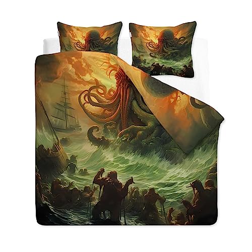 CLOXKS Sommer Bettwäsche 135x200 Cthulhu, Monster Mikrofaser Bettbezug Set mit 1 Wendebettwäsche Weich Bügelfrei und 1 Kopfkissenbezug 80x80cm von CLOXKS