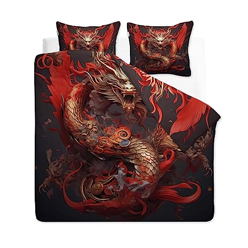 CLOXKS Sommer Bettwäsche 135x200 Drachen - Chinesisch Bettbezug 135 x 200 2er Set mit 1 Kissenbezug 80x80 cm, Weich Mikrofaser Wendebettwäsche-Sets mit Reißverschluss von CLoxks