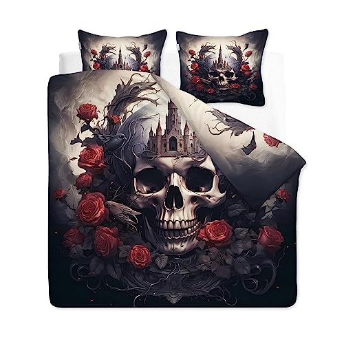 CLOXKS Totenkopf mit Rosen Bettwäsche 200x200, Gothic Motive Microfaser Bettbezug Set 3 Teilig - Weich & Angenehm & Atmungsaktiv, 1 Bettbezüge mit Reißverschluss + 2 Kissenbezüge 80x80 cm von CLOXKS