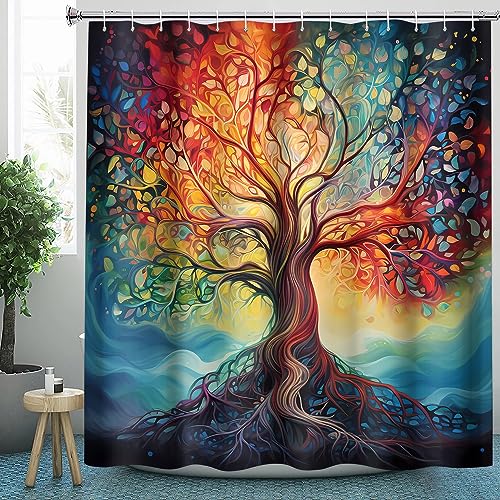 CLOXKS Wasserdichter Duschvorhänge Baum des Lebens, Bunt Duschvorhang 150x200 Anti-Schimmel - Duschvorhang Textil für Badewanne mit 12 Haken von CLOXKS