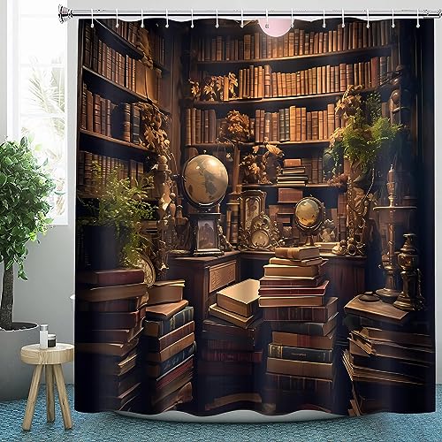 CLOXKS Wasserdichter Duschvorhänge Bibliothek, Vintage Bücherregal Duschvorhang 240x200 Anti-Schimmel - Duschvorhang Textil für Badewanne mit 12 Haken von CLOXKS