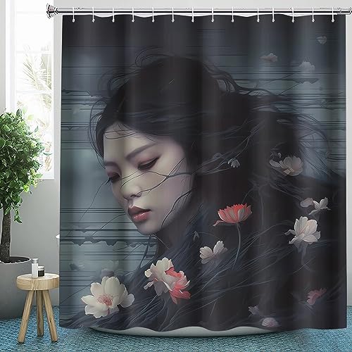 CLOXKS Wasserdichter Duschvorhänge China Mädchen, Blumen Duschvorhang 100x200 Anti-Schimmel - Duschvorhang Textil für Badewanne mit 12 Haken von CLOXKS