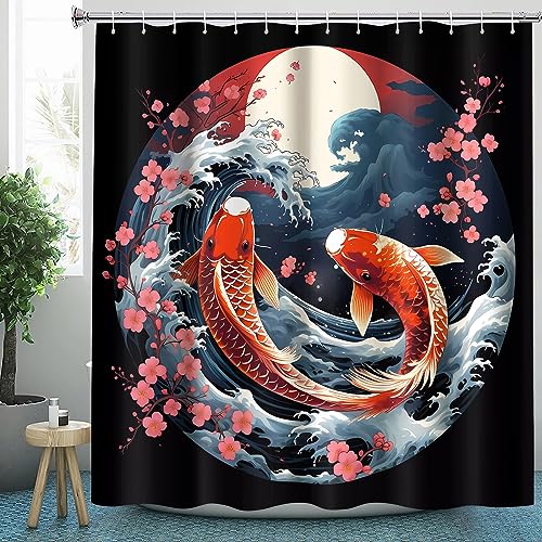 CLOXKS Wasserdichter Duschvorhänge Japanisch, Koi Fisch Yin Yang Duschvorhang 180x180 Anti-Schimmel - Duschvorhang Textil für Badewanne mit 12 Haken von CLOXKS