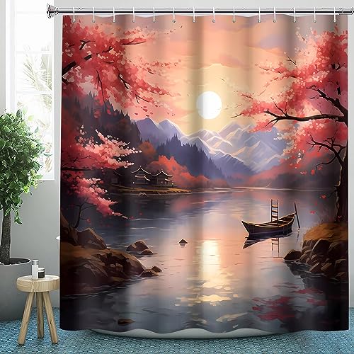 CLOXKS Wasserdichter Duschvorhänge Japanisch, Landschaft Duschvorhang 150x200 Anti-Schimmel - Duschvorhang Textil für Badewanne mit 12 Haken von CLOXKS