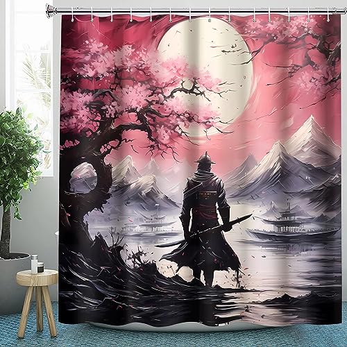 CLOXKS Wasserdichter Duschvorhänge Japanisch Samurai, Anime Duschvorhang 180x180 Anti-Schimmel - Duschvorhang Textil für Badewanne mit 12 Haken von CLOXKS