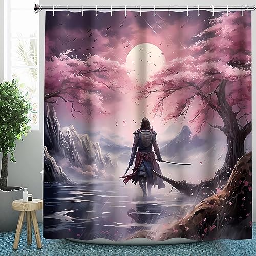 CLOXKS Wasserdichter Duschvorhänge Japanisch Samurai, Anime Duschvorhang 180x200 Anti-Schimmel - Duschvorhang Textil für Badewanne mit 12 Haken von CLOXKS