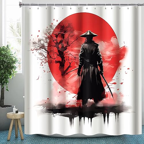 CLOXKS Wasserdichter Duschvorhänge Japanisch Samurai, Anime Sonnenuntergang Duschvorhang 180x200 Anti-Schimmel - Duschvorhang Textil für Badewanne mit 12 Haken von CLOXKS