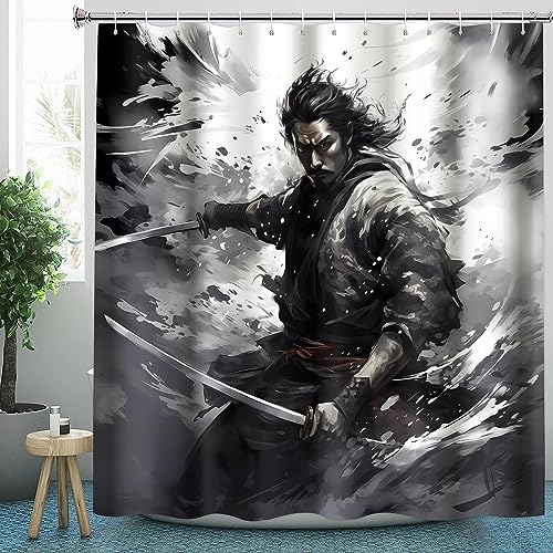 CLOXKS Wasserdichter Duschvorhänge Japanisch Samurai, Tuschezeichnung Duschvorhang 200x220 Anti-Schimmel - Duschvorhang Textil für Badewanne mit 12 Haken von CLOXKS