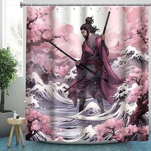CLOXKS Wasserdichter Duschvorhänge Samurai, Japanisch Duschvorhang 200x200 Anti-Schimmel - Duschvorhang Textil für Badewanne mit 12 Haken von CLOXKS