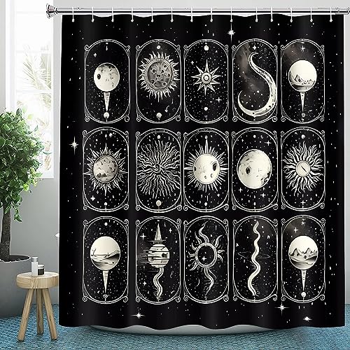 CLOXKS Wasserdichter Duschvorhänge Sonne Mond, Schwarz Weiß Duschvorhang 180x200 Anti-Schimmel - Duschvorhang Textil für Badewanne mit 12 Haken von CLOXKS