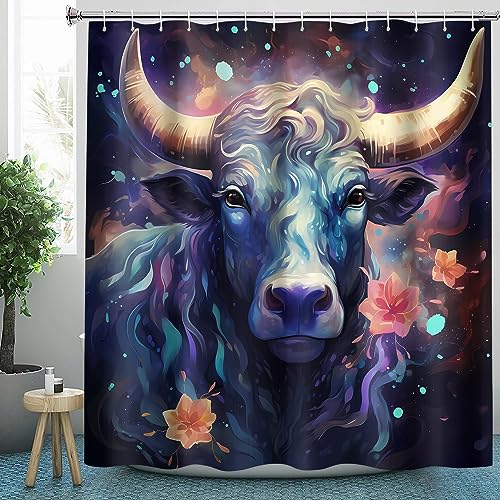 Kuh Rinder Stier Duschvorhang 120x180 Textil für Badezimmer, Polyester-Stoff Duschvorhänge Stier Sternbilder Tier & Zubehör-Set, Anti-Schimmel, Waschbar, Badewannenvorhang für Badewannen mit 12 Haken von CLOXKS