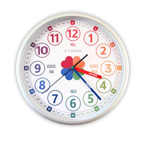 CLOXON Wanduhr für Kinder Montessori inspirierte Lernuhr analoge Kinderuhr zum Lernen der Uhrzeit cleveres Design für leichte Ablesbarkeit ohne Tick Geräusche (Kunststoffrahmen Silber) von CLOXON