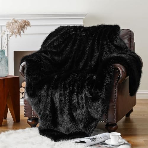 CLOYAO Webpelzdecke,kuschelige Kunstfell Wohndecke,Decke aus imitiertem Fuchsfell,Hochwertige Kuscheldecke Fellimitat für Betten,Sofas,Heimdekoration (Schwarz,127x152 cm) von CLOYAO