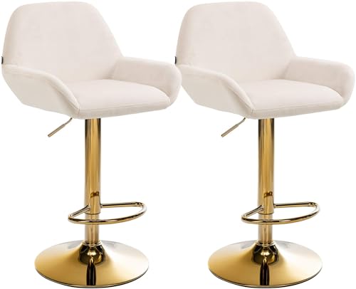 CLP 2er Set Barhocker Braga Samtbezug Gold-Gestell I höhenverstellbar und 360 drehbar I moderner Barstuhl mit Fußstütze für Küche und Bar, Farbe:Creme von CLP