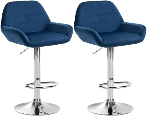 CLP 2er Set Barhocker Braga Samtbezug mit Metallgestell I Höhenverstellbar und drehbar I Moderner Barstuhl mit Fußstütze für Küche und Bar, Farbe:blau, Material Gestell:Metall in Chromoptik von CLP