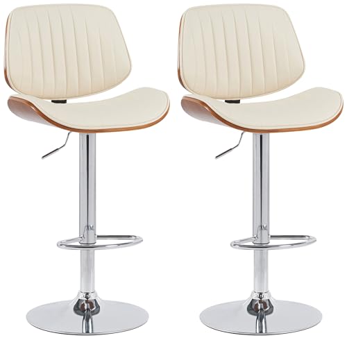 CLP 2er Set Barhocker Clawson Kunstlederbezug I Barstuhl mit Bugholzrahmen höhenverstellbar und drehbar I mit Rückenlehne und Fußstütze, Farbe:walnuss/Creme, Gestell Farbe:Chrom von CLP