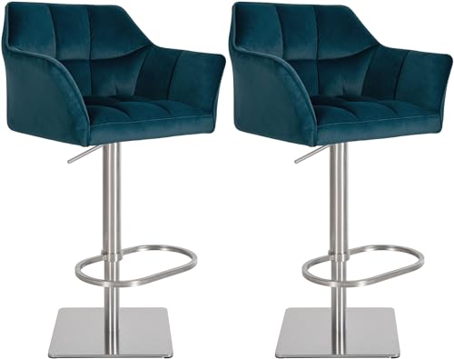 CLP 2er Set Barhocker Damaso Samt-Bezug I Höhenverstellbarer Barstuhl Mit Metallgestell I Thekenhocker Mit Integrierter Fußstütze, Farbe:grün, Material Gestell:Edelstahl von CLP