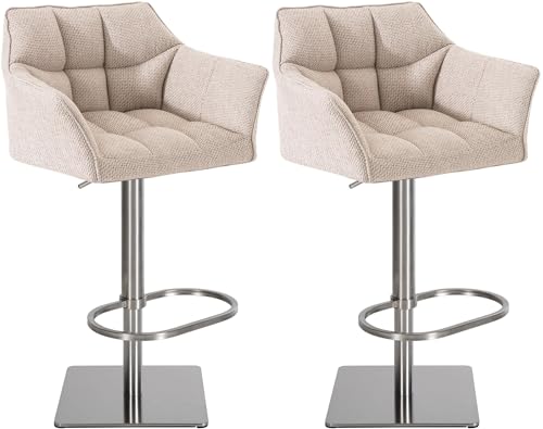 CLP 2er Set Barhocker Damaso Stoffbezug I Gepolsterte Barstühle höhenverstellbar und drehbar I Tresenstühle mit Rückenlehne, Farbe:Elfenbein, Gestell Farbe:Edelstahl von CLP