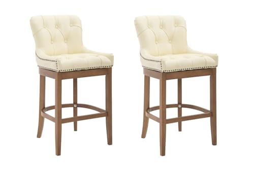 CLP 2er Set Barhocker Lakewood Mit Echtlederbezug I 2 x Tresenstuhl Mit Gestell Aus Kautschukholz Und Rückenlehne, Farbe:Creme, Gestell Farbe:antik-hell von CLP