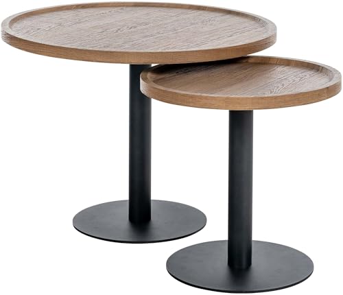 CLP 2er Set Beistelltische Aspen I 2 Couchtische mit runder Tischplatte aus Holz I Wohnzimmertische mit matt-schwarzem Metallgestell, Farbe:braun von CLP