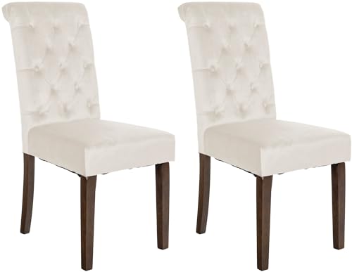 CLP 2er Set Esszimmerstühle Lisburn I Samt I Stoff I Polsterstühle Gesteppt Chesterfield Design, Farbe:Creme, Material:Samt von CLP