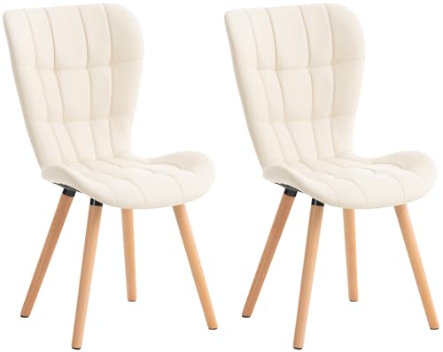 CLP 2er Set Esszimmerstuhl Elda I Stoff, Kunstleder, Samt I Lehnstuhl Mit Robustem Holzgestell Und Stilvollen Ziernähten, Farbe:Creme, Material:Kunstleder von CLP