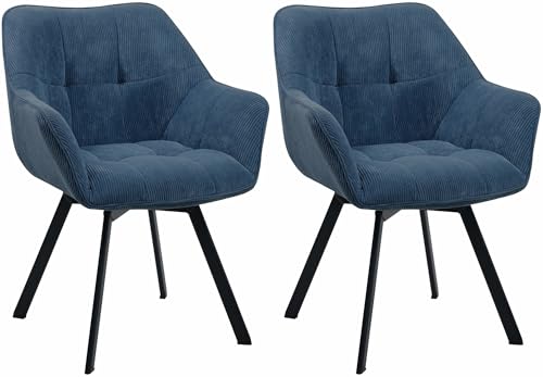 CLP Esszimmerstuhl 2er Set ergonomisch Jordi Cord, drehbar mit Armlehnen, Polstersessel, 4-Fuß-Metallgestell, bis 150 kg, mit Bodenschonern, Farbe:blau von CLP